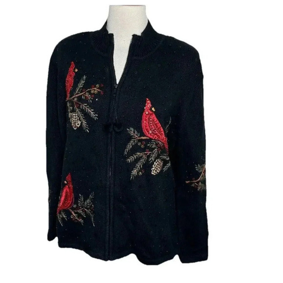 Vintage Tiara International Black Christmas Sweater Red Sequined Cardinals Sz. M - Picture 1 of 6